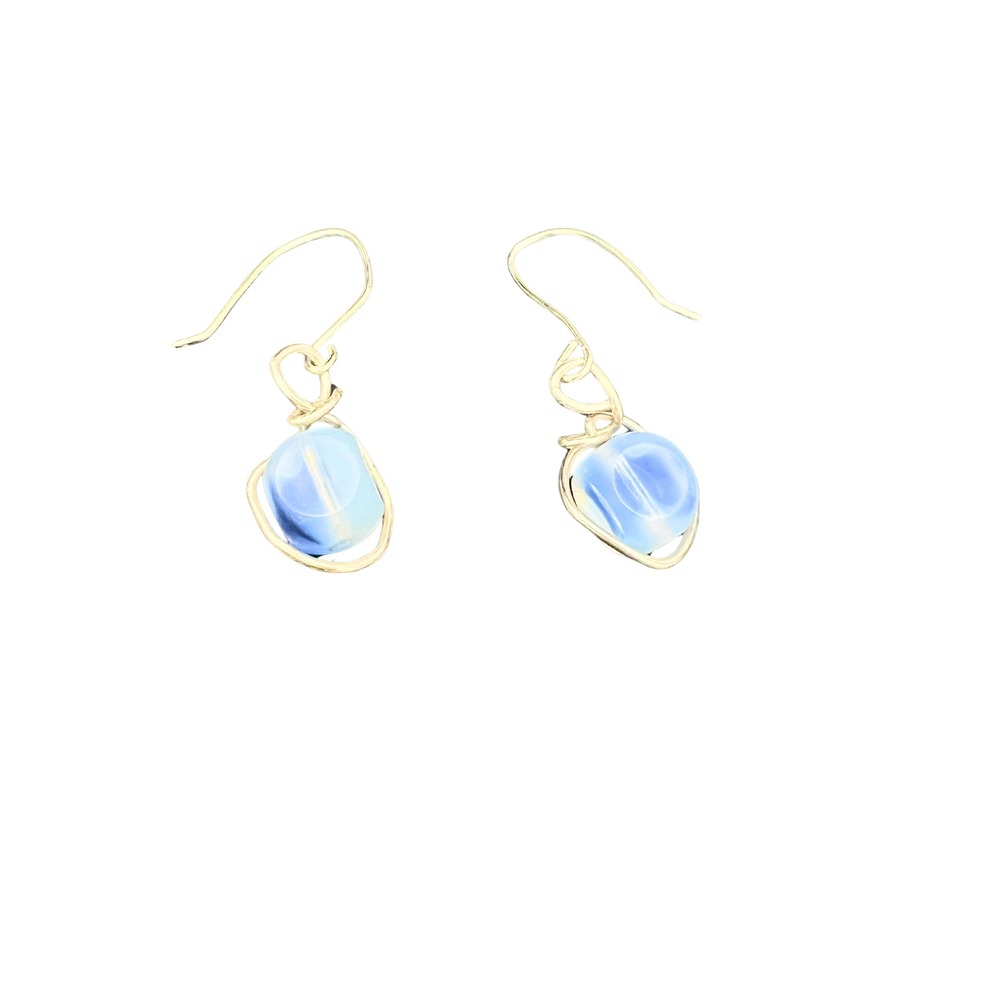 Blue White Glass Bead Wire Wrapped Drop Earrings Gold Tone French‎ Hook Dangle